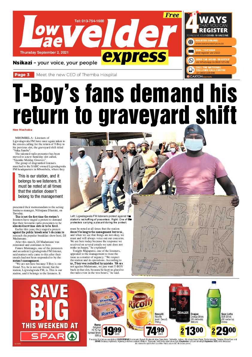 Lowvelder Express 2 September 2021 page 1