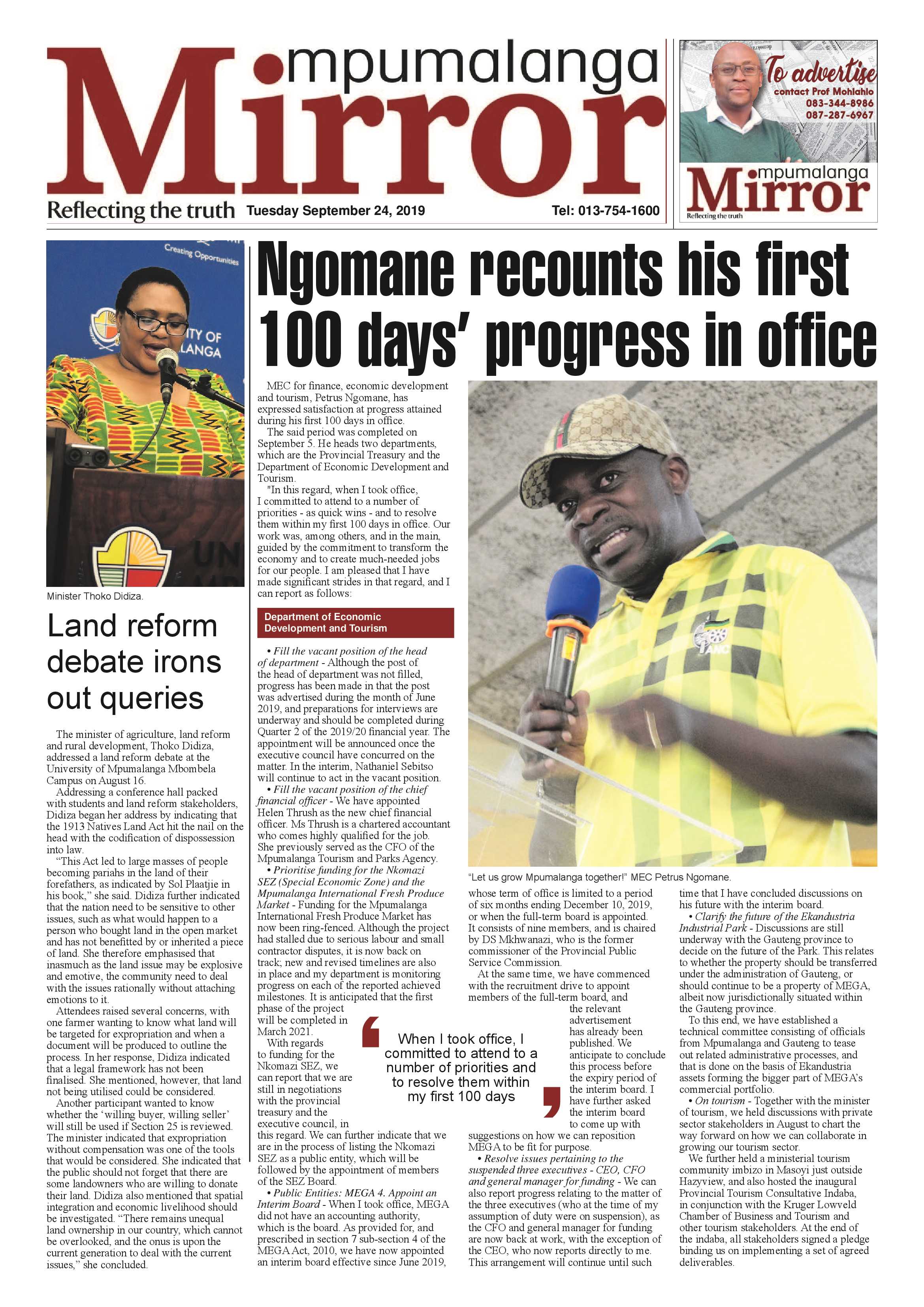Mpumalanga Mirror 24 September 2019 page 1